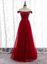 Burgundy Tulle Off the Shoulder Beading Prom Dress